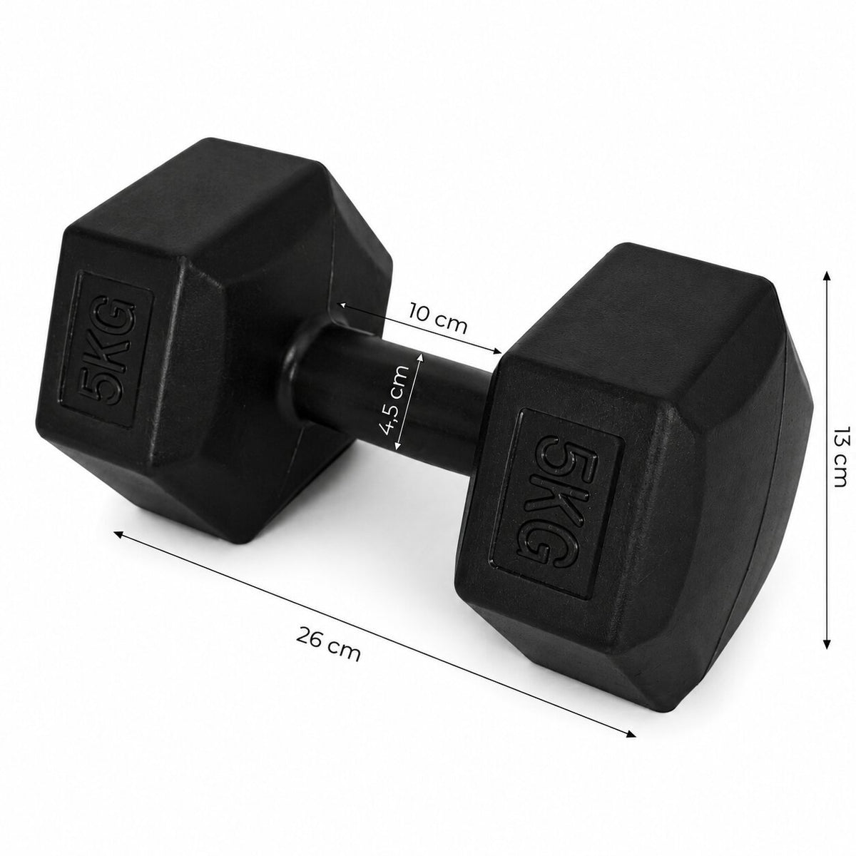 MovePro hex dumbbellset 2 × 5 kg zwart – afmetingen van één dumbbell
