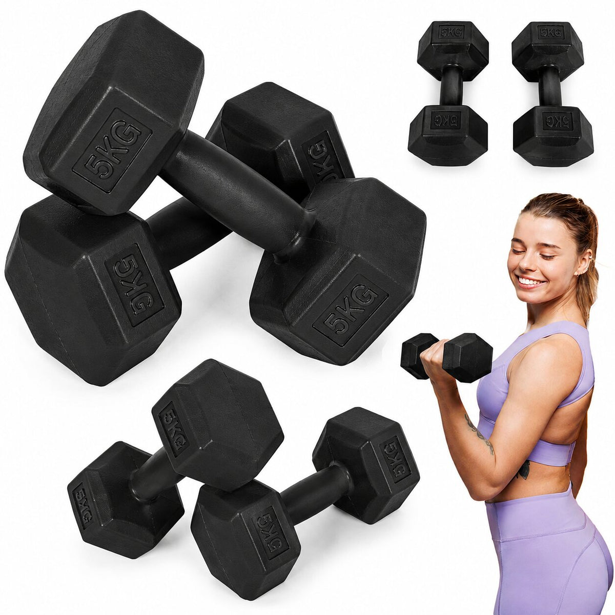 MovePro hex dumbbellset 2 × 5 kg zwart – hoofdfoto met dumbbells en trainingsvoorbeeld