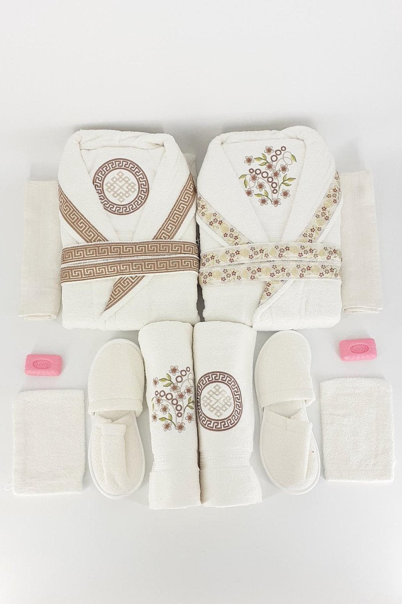 Nurpak Badjas Set - 16 delig - 100% Katoen - Bruin/Goud - Dames (M) & Heren (L) - TEKZEN