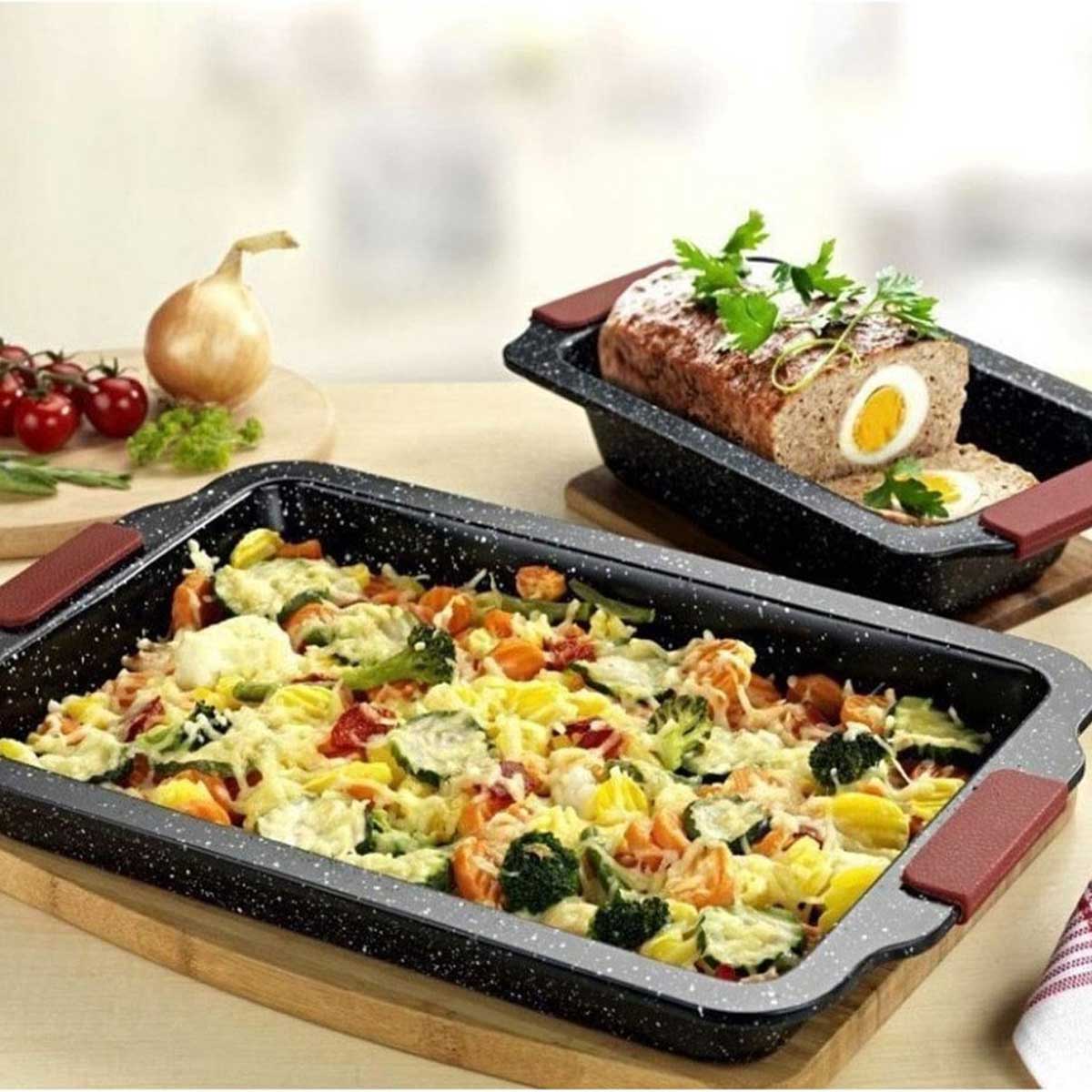 Platinum Bak - en Ovenschalen Set - 3 - delig - Antiaanbaklaag & Silicongrepen - Stapelbaar - TEKZEN