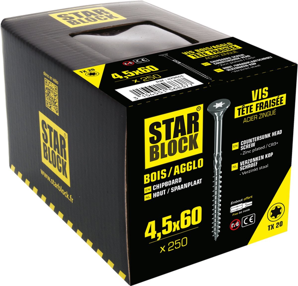 Starblock Hout - en Spaanplaatschroeven TX - 4,5x60mm - 250 stuks - Torx Schroef - TEKZEN