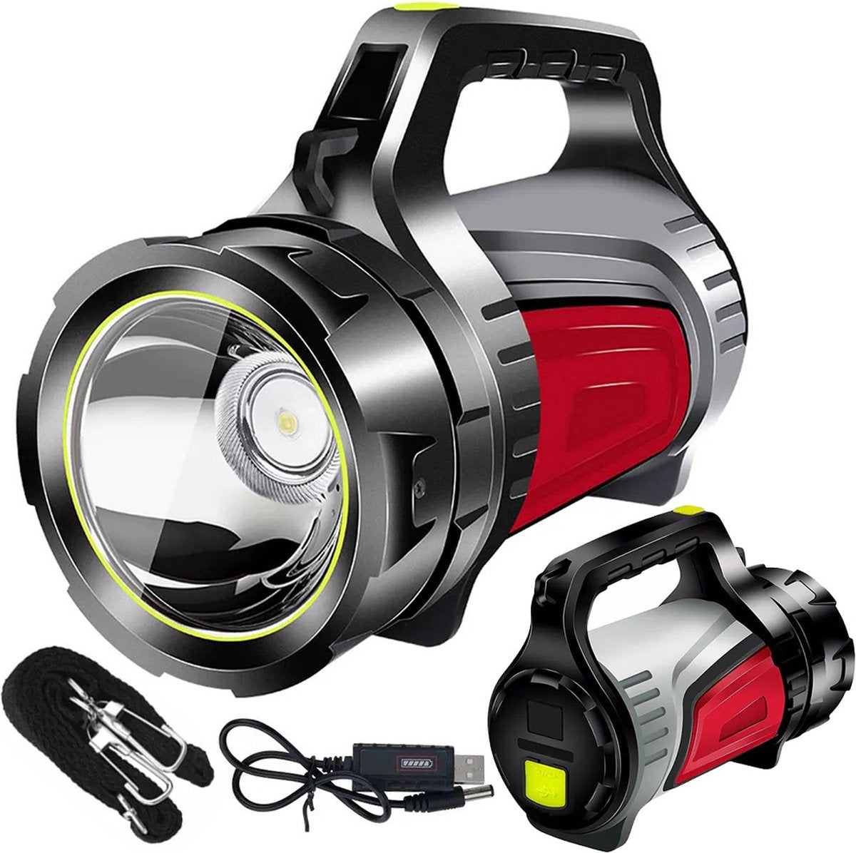 Verk Group Oplaadbare LED Zoeklicht Zaklamp met Powerbankfunctie – Voor Outdoor en Noodsituaties - Grijs/Rood - TEKZEN