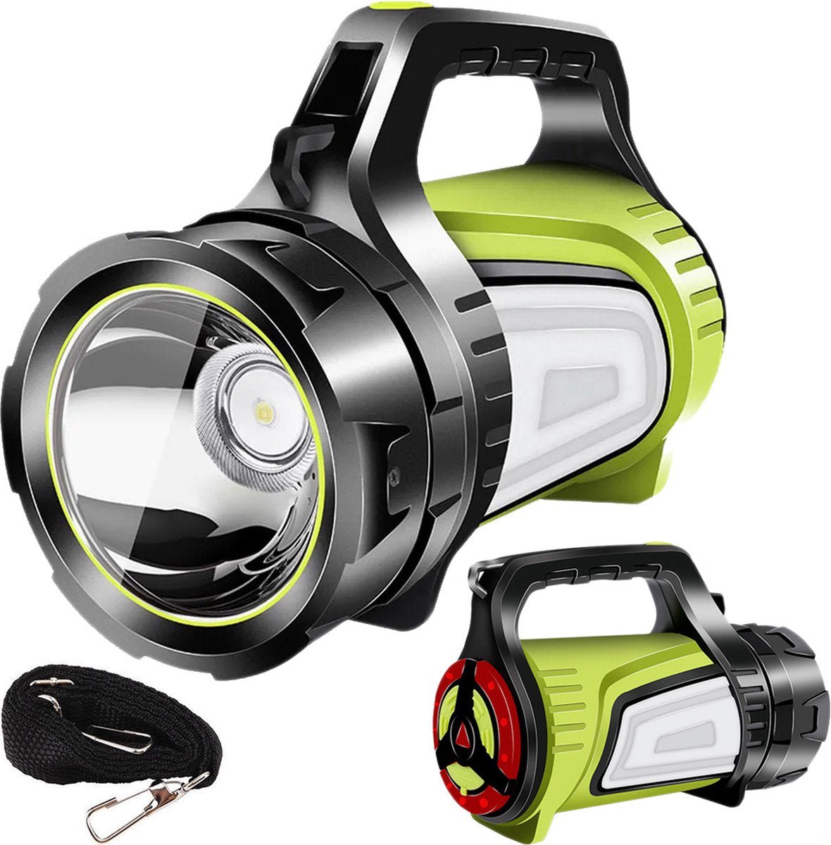 Verk Group Oplaadbare LED Zoeklicht Zaklamp met Powerbankfunctie – Voor Outdoor en Noodsituaties - Zwart/Groen - TEKZEN