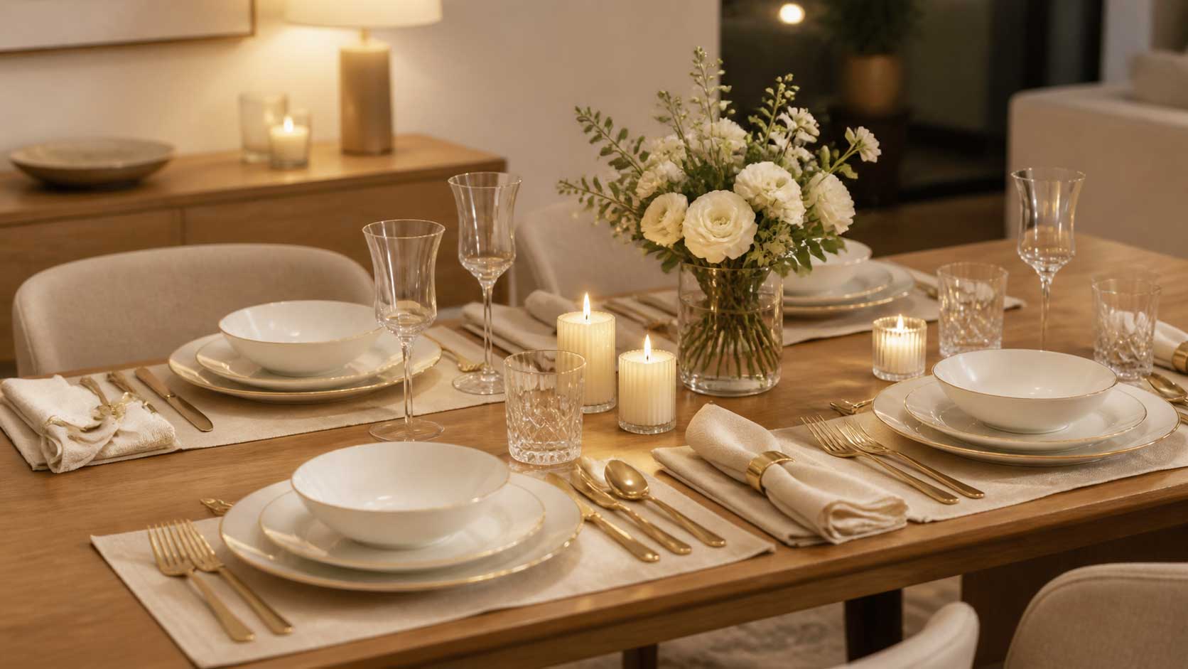 Een wit-gouden serviesset voor een luxe uitstraling