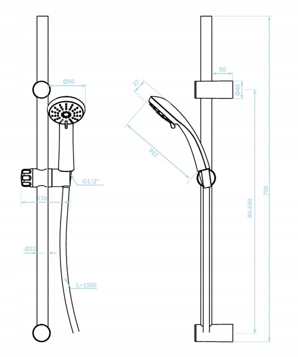 Kuchinox Doucheset Cento - Mat Zwart - 3-standen Douchekop - Verstelbaar - 70cm