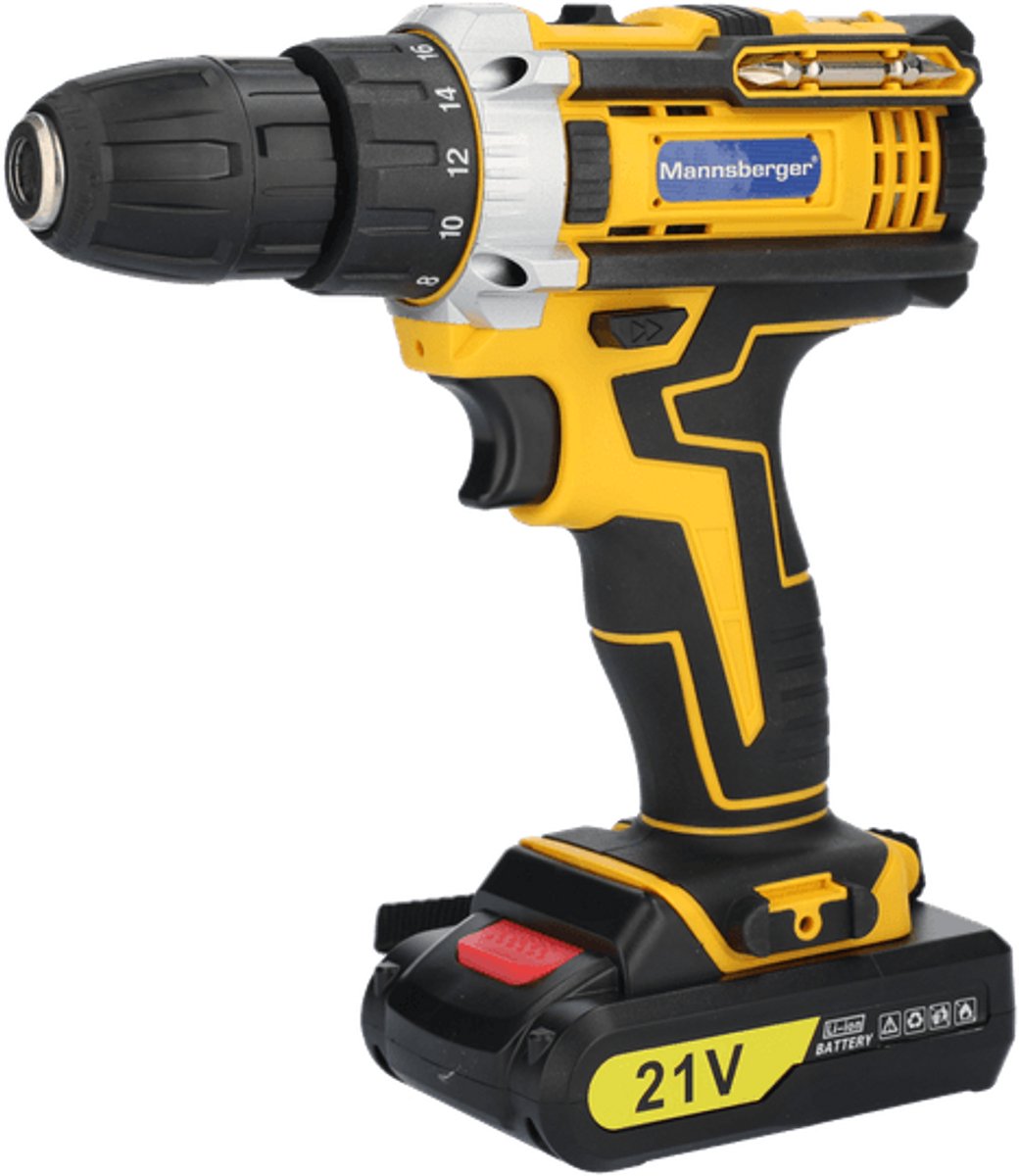 Mannsberger Draadloze Boormachine 21V – Inclusief 22 Accessoires, Accu, LED-verlichting & Koffer