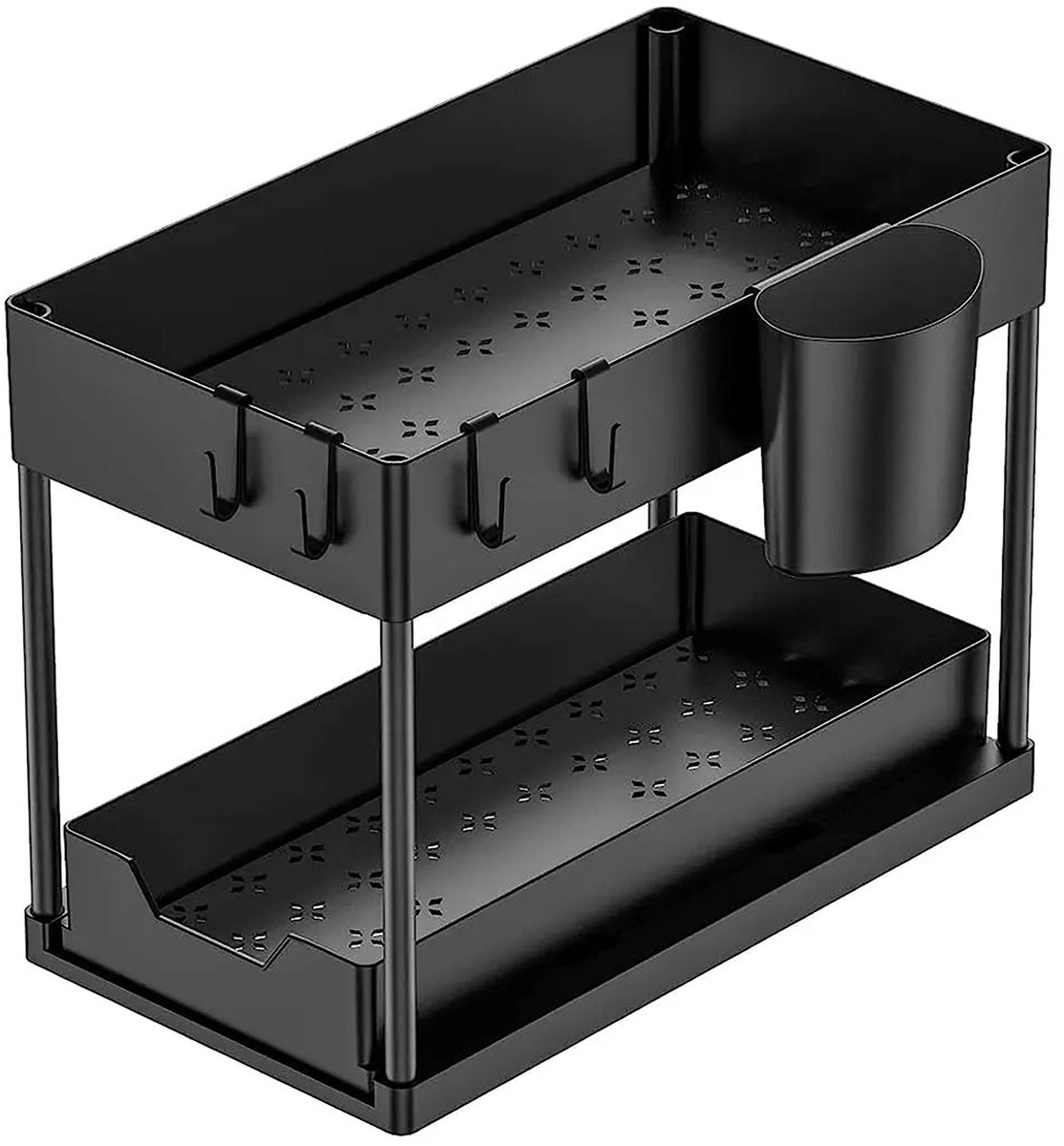 Nexxt Kitchen Cabinet Organizer - 2 Tiers - Rack with Pull-Out Drawer - Includes Hooks and Trays - Sink Organizer - Black