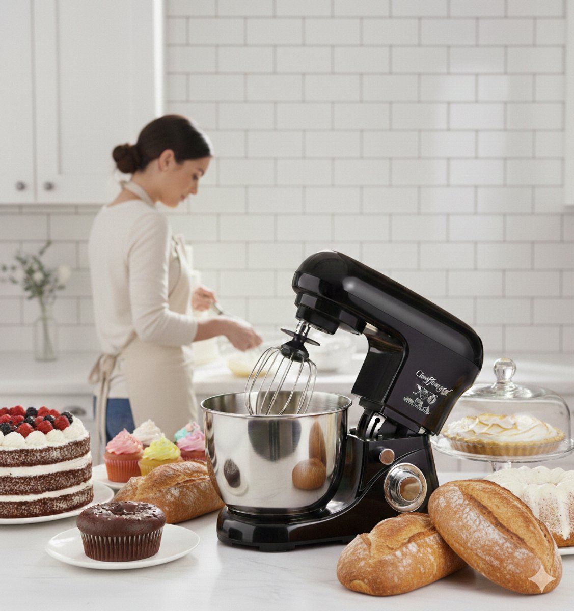 Cheffinger Keukenmixer - Zwart - 6.5L Mengkom - Keukenrobot - 3 Accessoires - Keukenmachine - 1600W