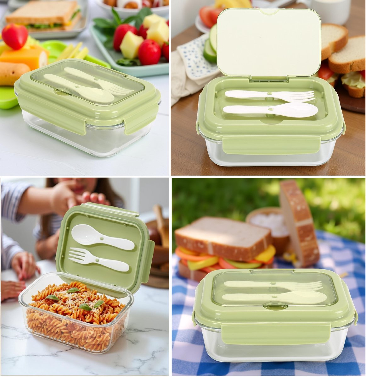 Cheffinger Lunchbox met Bestek - Glas - Groen - Bentobox - Multifunctioneel Voor Werk en School - Meal Prep Bakje
