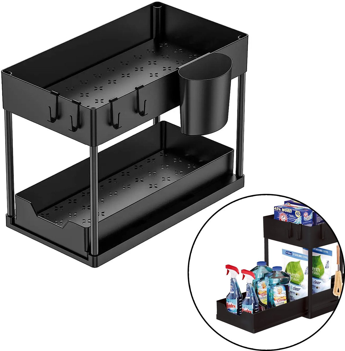 Nexxt Keukenkast Organizer - 2 Lagen - Rek met Uitschuifbare Lade - Inclusief Haakjes en Bakjes – Gootsteen Organizer - Zwart