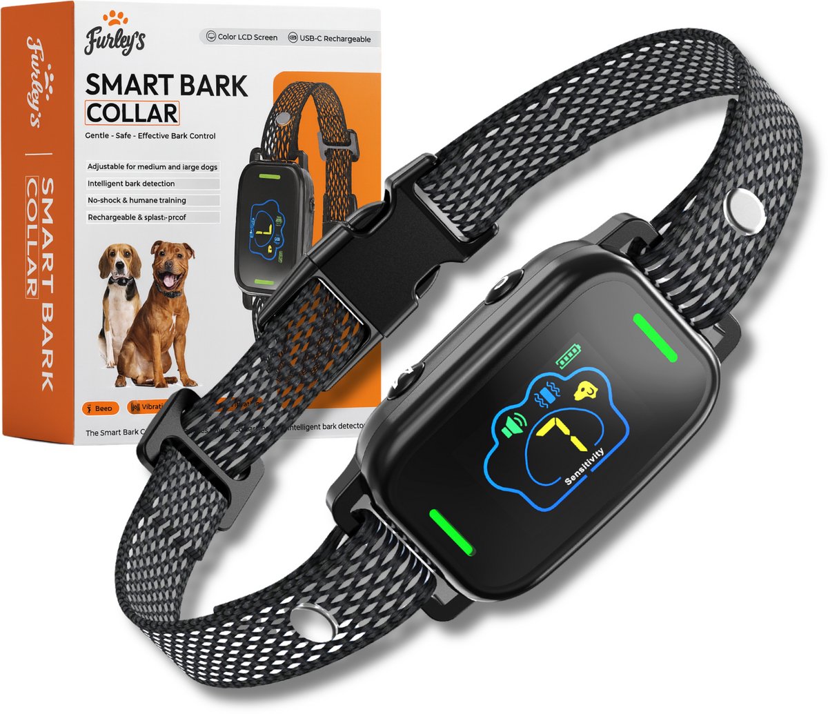 Furley’s Anti Blafband - Zonder Schok - Anti Blaf training – 3 Modi, LCD Kleurenscherm, Oplaadbaar & Waterdicht – Voor Middelgrote & Grote Honden