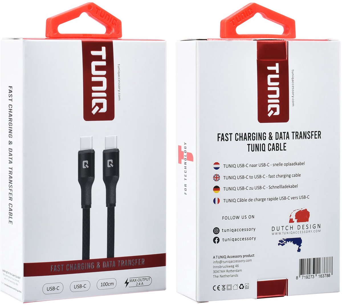 TUNIQ USB-C naar USB-C Kabel - 100cm - Snelle Oplaadkabel - Zwart