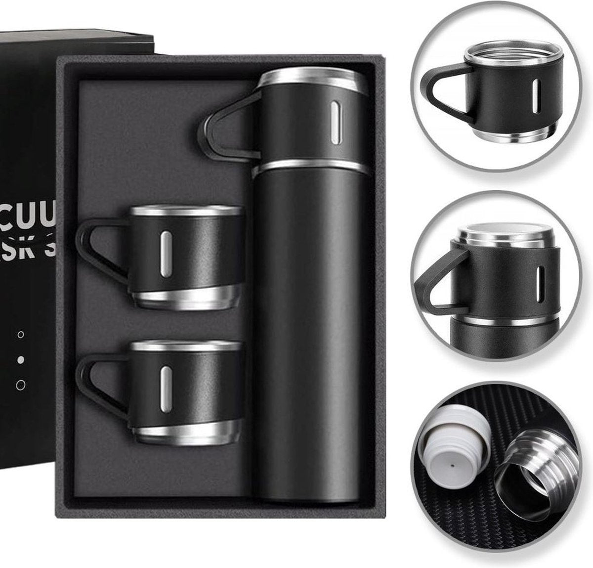 Hauskraft Thermosfles Set met 3 Bekers - 500ml - Zwart - Koffie-to-go Beker