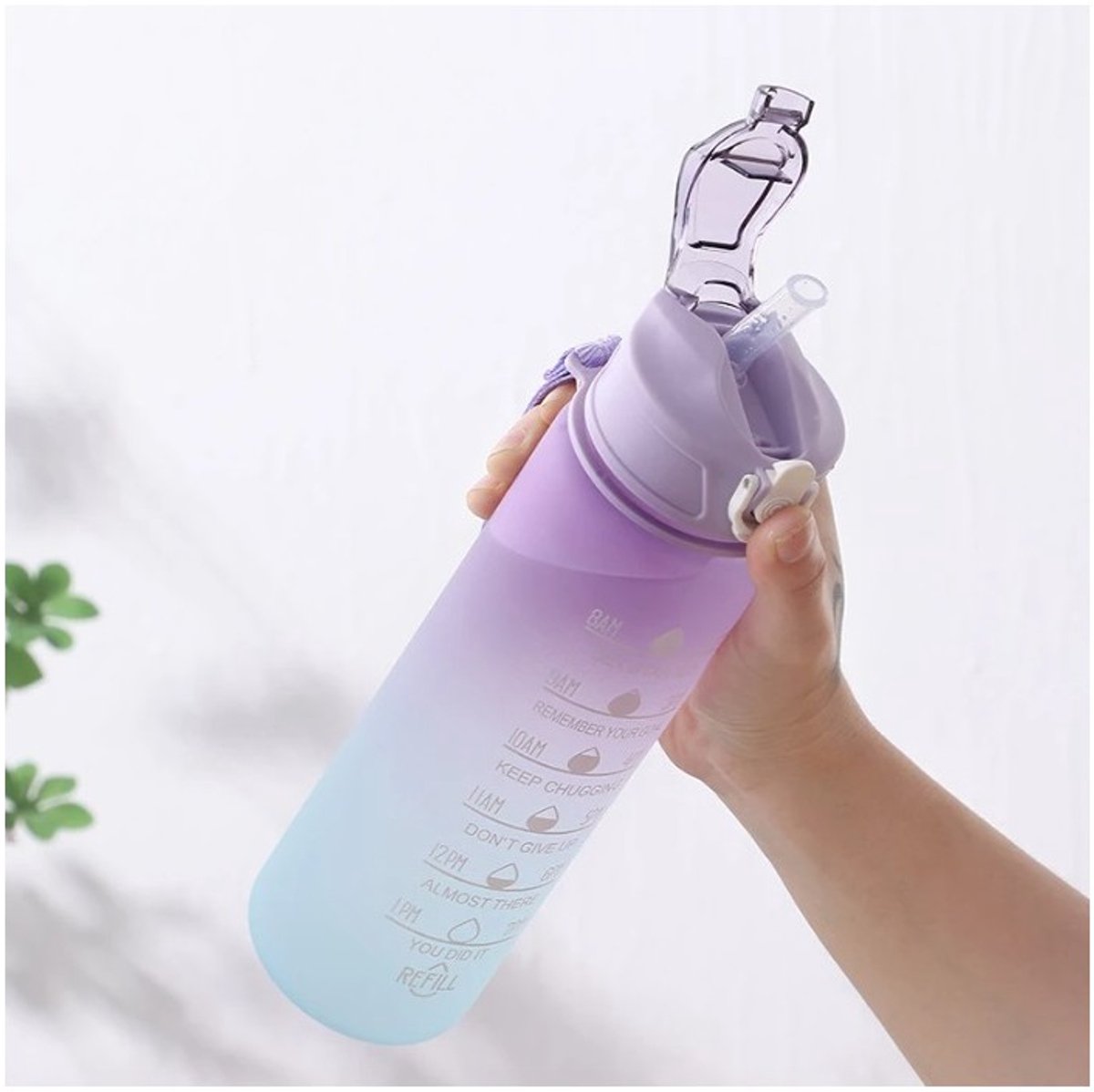 Hauskraft Motivatie Waterfles - 3-delige Set - Paars/Turquoise - Drinkfles - Waterfles met Rietje - Waterfles met Tijdmarkering - 2L, 900ml, 500ml