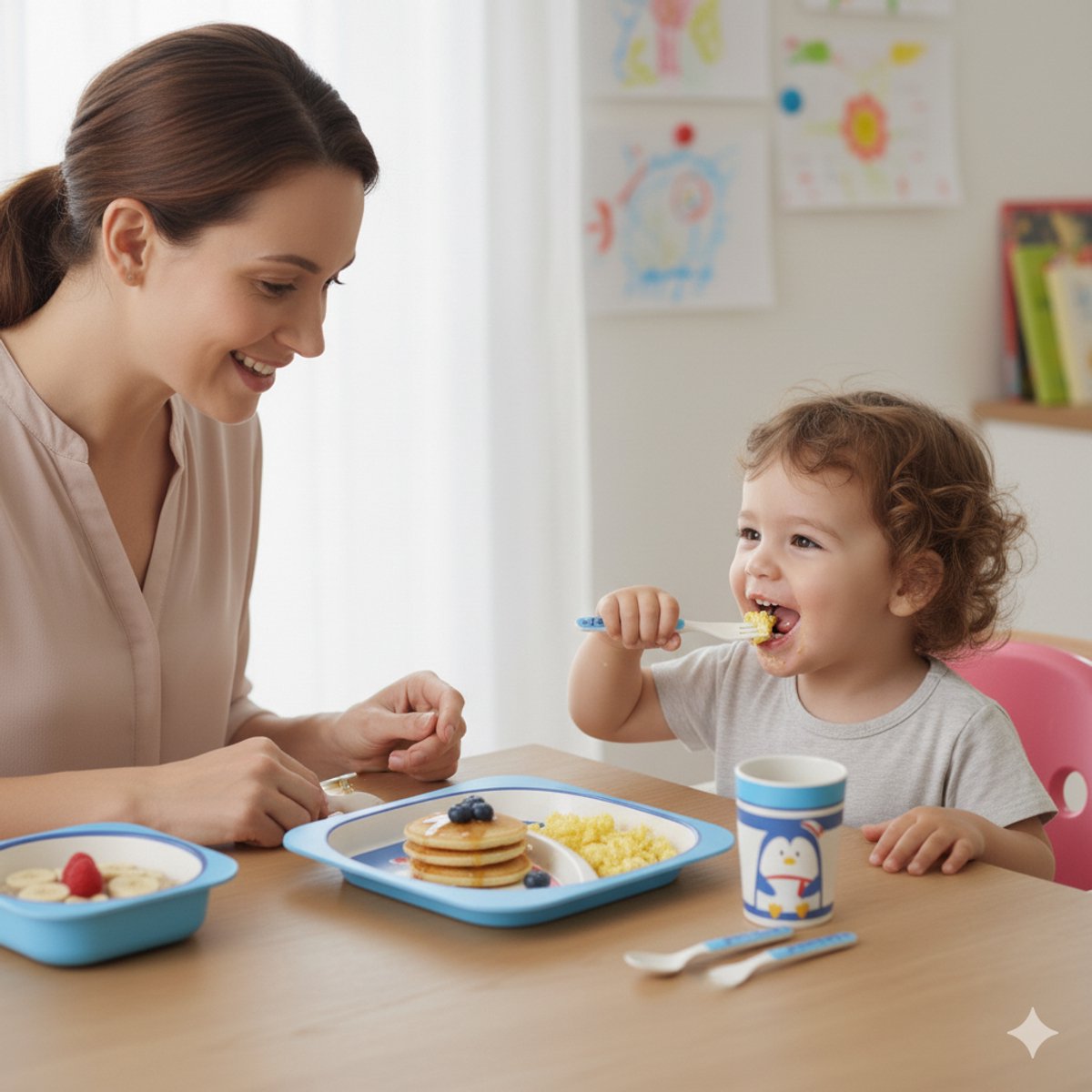 Cheffinger Children's Tableware - Penguin - Bamboo - 5-piece - Blue - Baby Tableware - Children's Cutlery