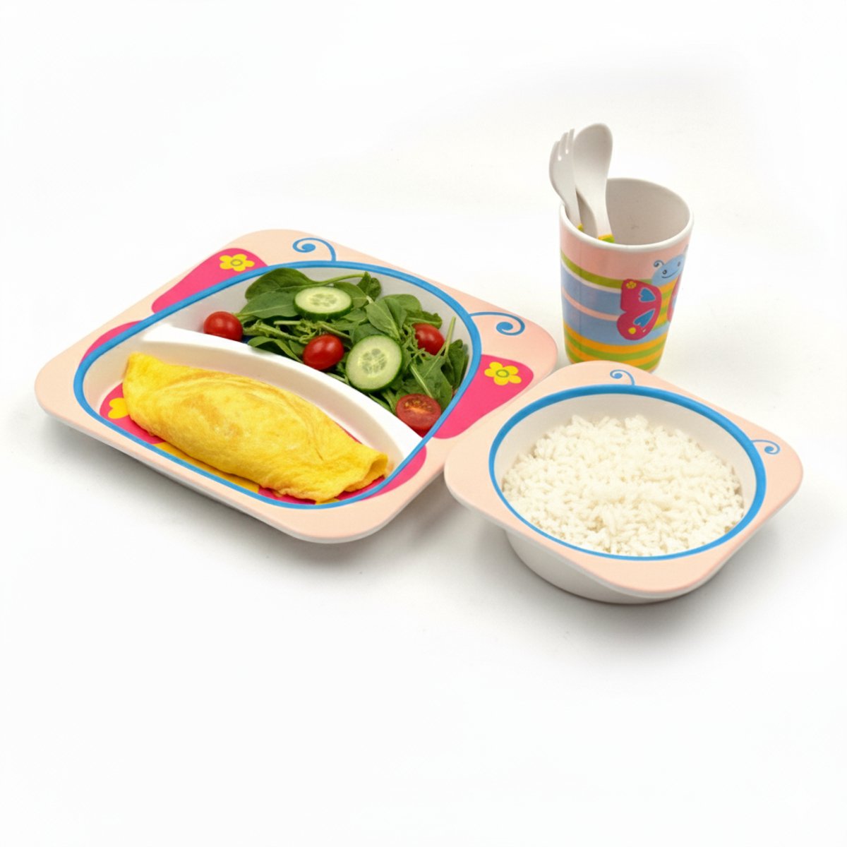 Cheffinger Children's Tableware - Butterfly - Pink - 5-piece - Blue - Baby Tableware - Children's Cutlery