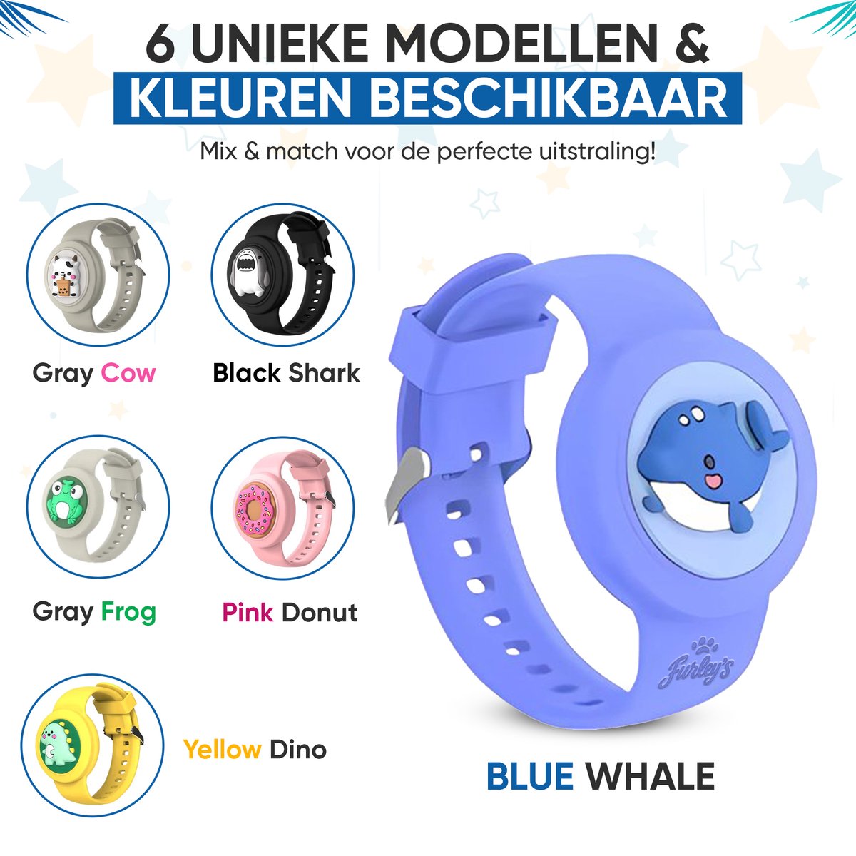 Furley’s Waterdichte Armband voor Kinderen – Geschikt voor Apple AirTag – Verstelbare Siliconen Band – Veilig & Comfortabel – Blauwe Walvis