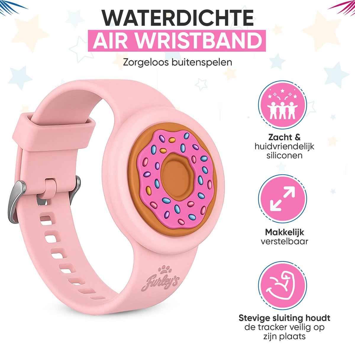 Furley’s Waterdichte Armband voor Kinderen – Geschikt voor Apple AirTag – Verstelbare Siliconen Band – Veilig & Comfortabel – Roze Donut
