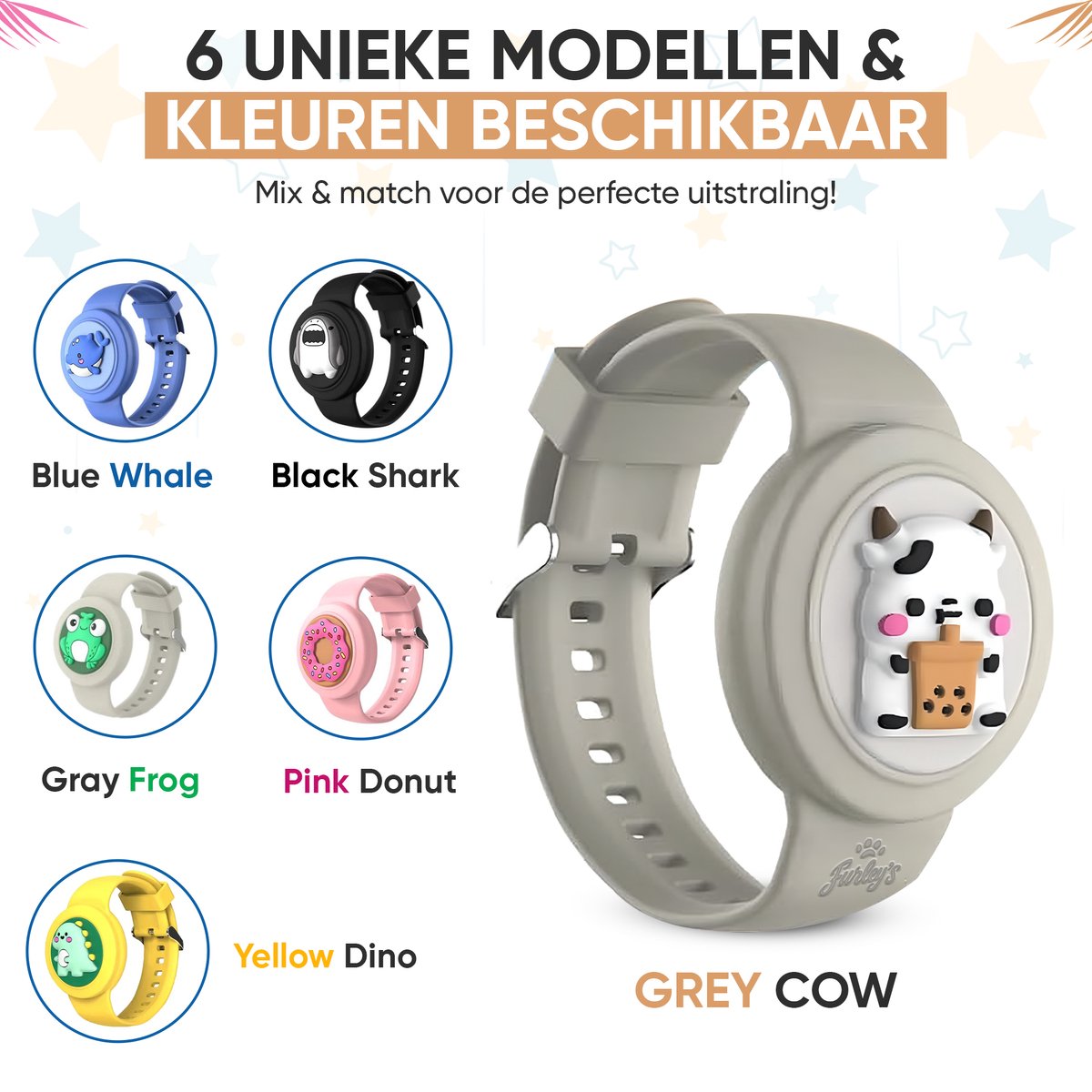 Furley’s Waterdichte Armband voor Kinderen – Geschikt voor Apple AirTag – Verstelbare Siliconen Band – Veilig & Comfortabel – Grijze Koe
