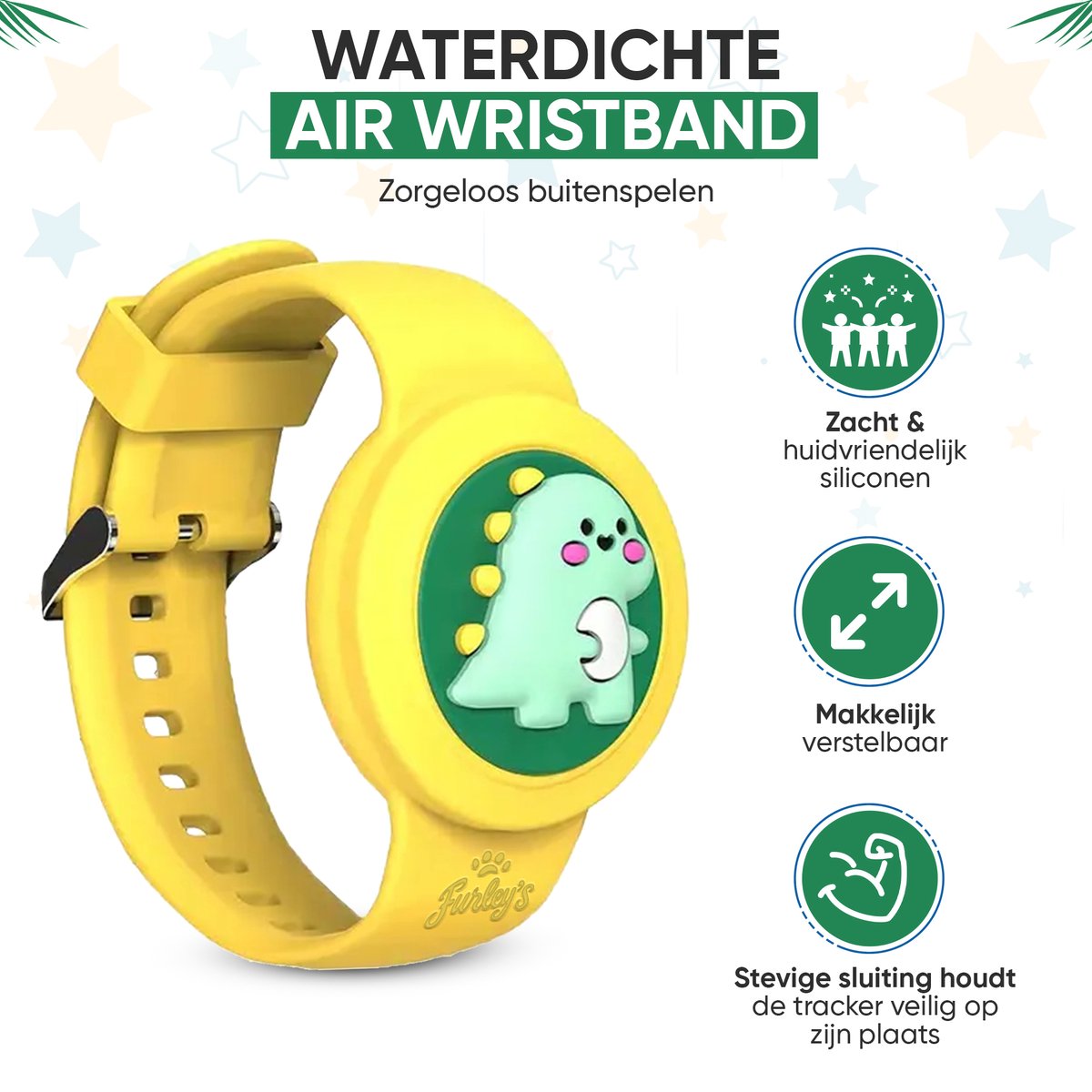 Furley’s Waterdichte Armband voor Kinderen – Geschikt voor Apple AirTag – Verstelbare Siliconen Band – Veilig & Comfortabel – Gele Dino