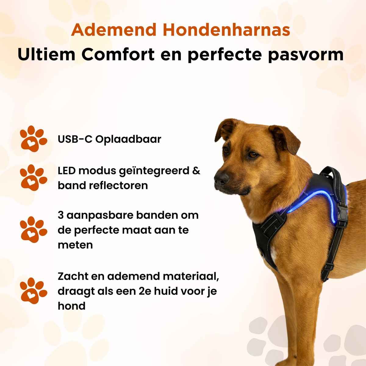 Furley’s Hondenharnas - Maat L – Hondentuig - Hondentuigje – USB Oplaadbaar – Y Tuig Hond – Harnas Hond - Anti Trek Tuig Hond - Reflecterend – Geschikt voor Medium & Grote Honden