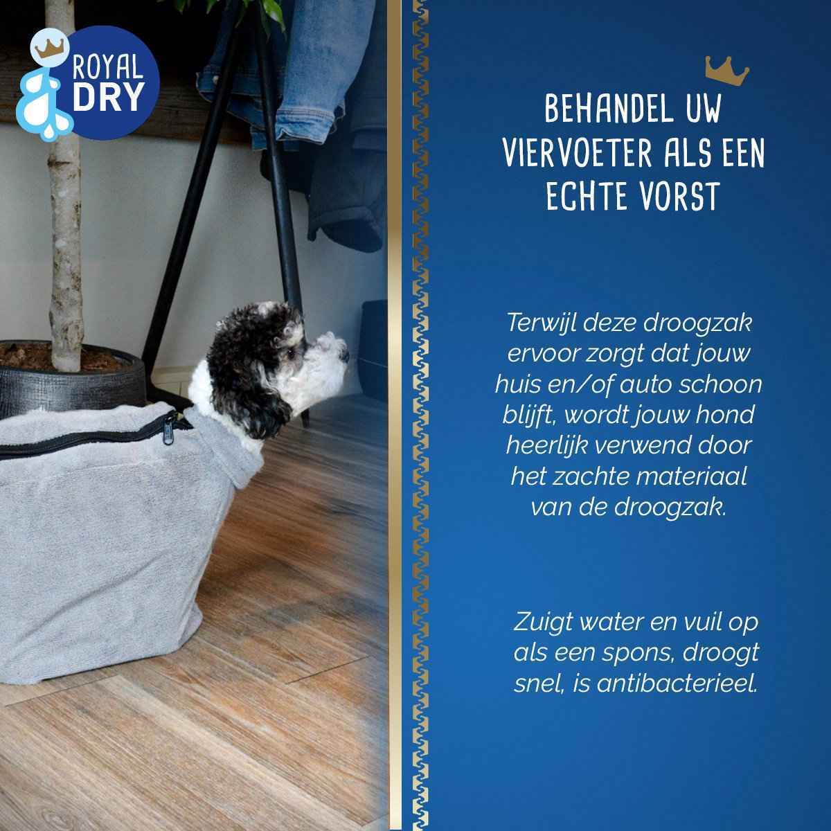Royal Dry Doggybag L - Microvezel Hondendroogzak - Ruglengte 75 cm - Hondenbadjas - Honden handdoek - Grijs