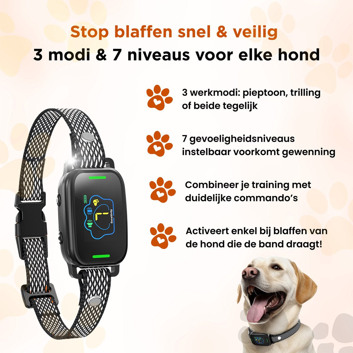 Furley’s Anti Blafband - Zonder Schok - Anti Blaf training – 3 Modi, LCD Kleurenscherm, Oplaadbaar & Waterdicht – Voor Middelgrote & Grote Honden
