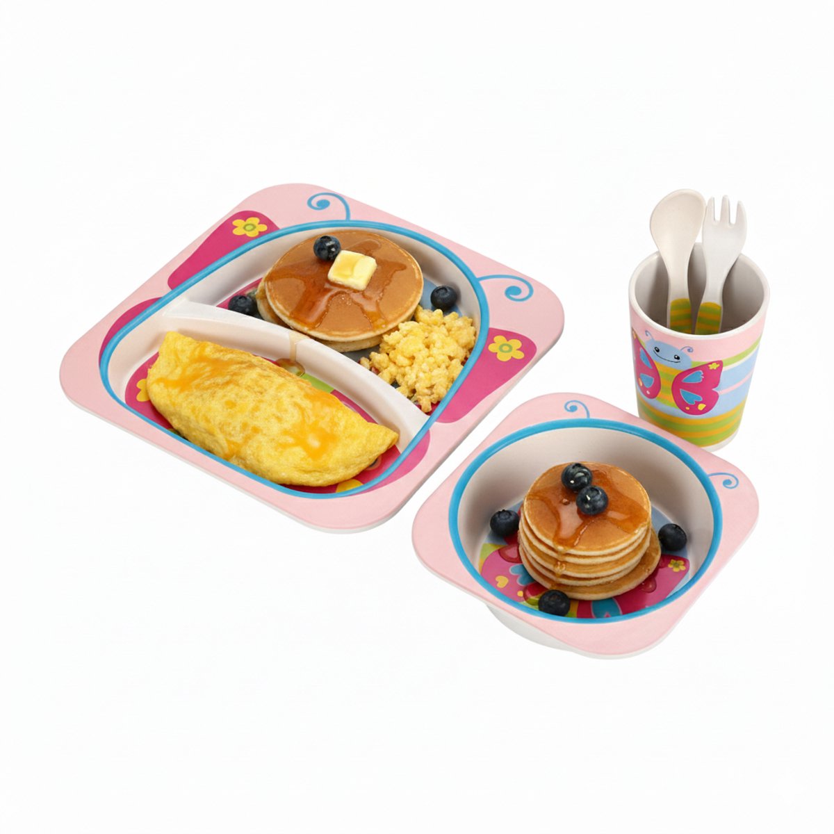 Cheffinger Children's Tableware - Butterfly - Pink - 5-piece - Blue - Baby Tableware - Children's Cutlery