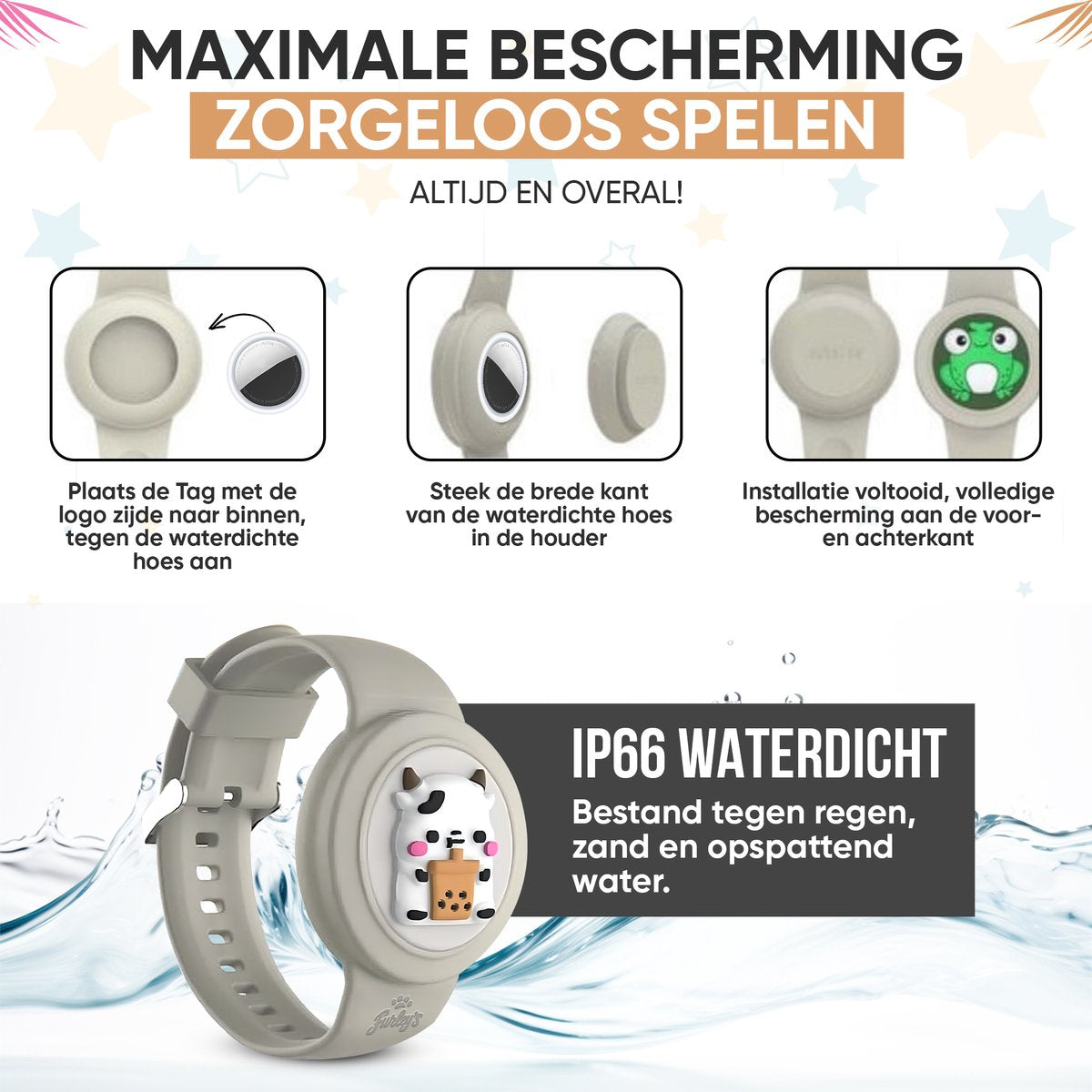 Furley’s Waterdichte Armband voor Kinderen – Geschikt voor Apple AirTag – Verstelbare Siliconen Band – Veilig & Comfortabel – Grijze Koe
