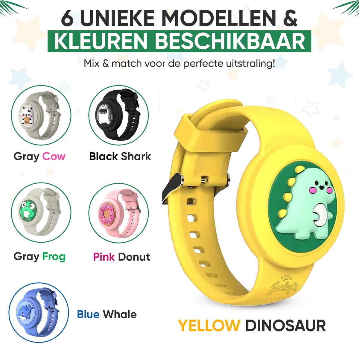 Furley’s Waterdichte Armband voor Kinderen – Geschikt voor Apple AirTag – Verstelbare Siliconen Band – Veilig & Comfortabel – Gele Dino