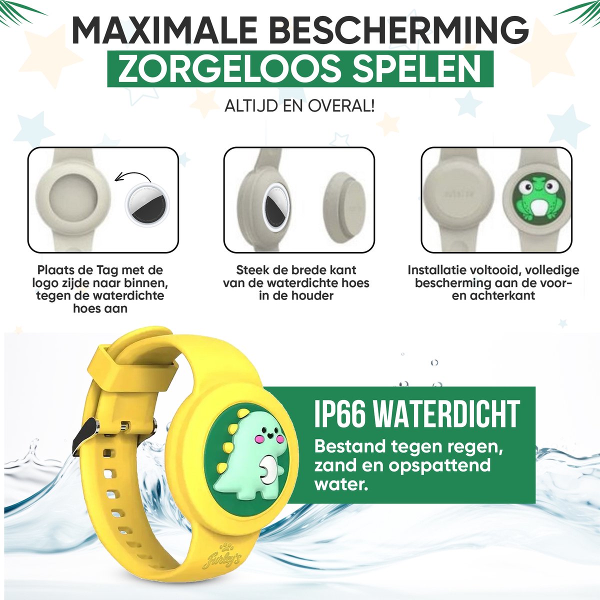 Furley’s Waterdichte Armband voor Kinderen – Geschikt voor Apple AirTag – Verstelbare Siliconen Band – Veilig & Comfortabel – Gele Dino
