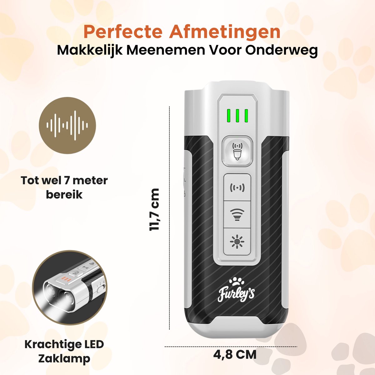 Furley’s Anti Blaf Apparaat – Diervriendelijk Alternatief voor Anti Blafband – 4-in-1 Ultrasoon Hondentrainer – Zonder Schok – Geluid, Ultrasoon & LED – USB-C Oplaadbaar – Voor Kleine & Grote Honden – Bereik 7m – Grijs