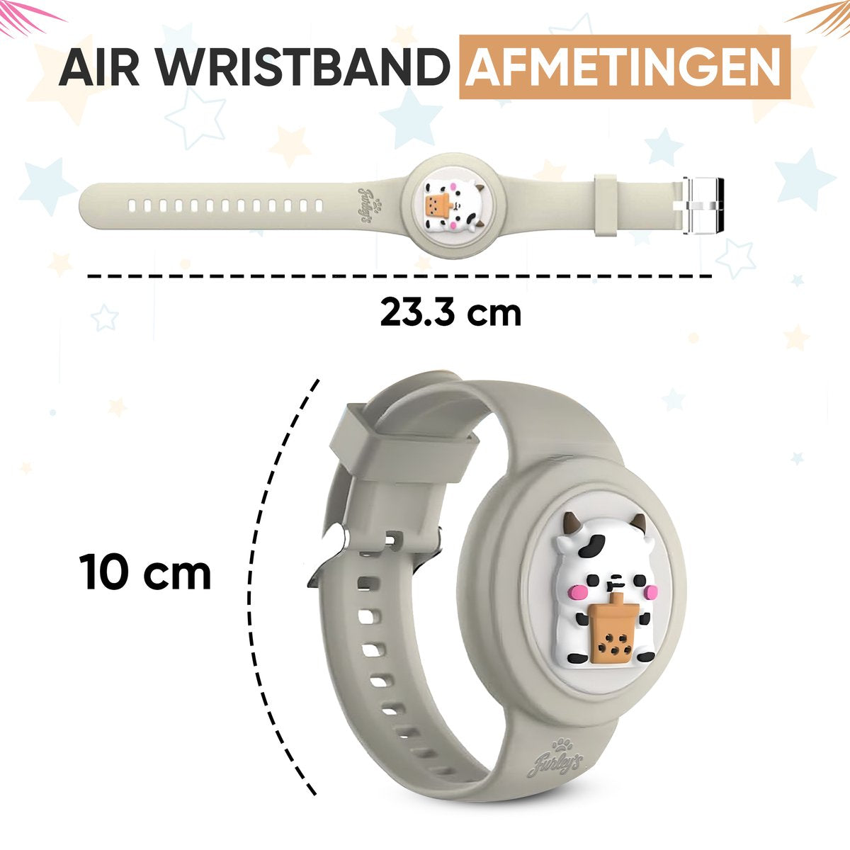 Furley’s Waterdichte Armband voor Kinderen – Geschikt voor Apple AirTag – Verstelbare Siliconen Band – Veilig & Comfortabel – Grijze Koe