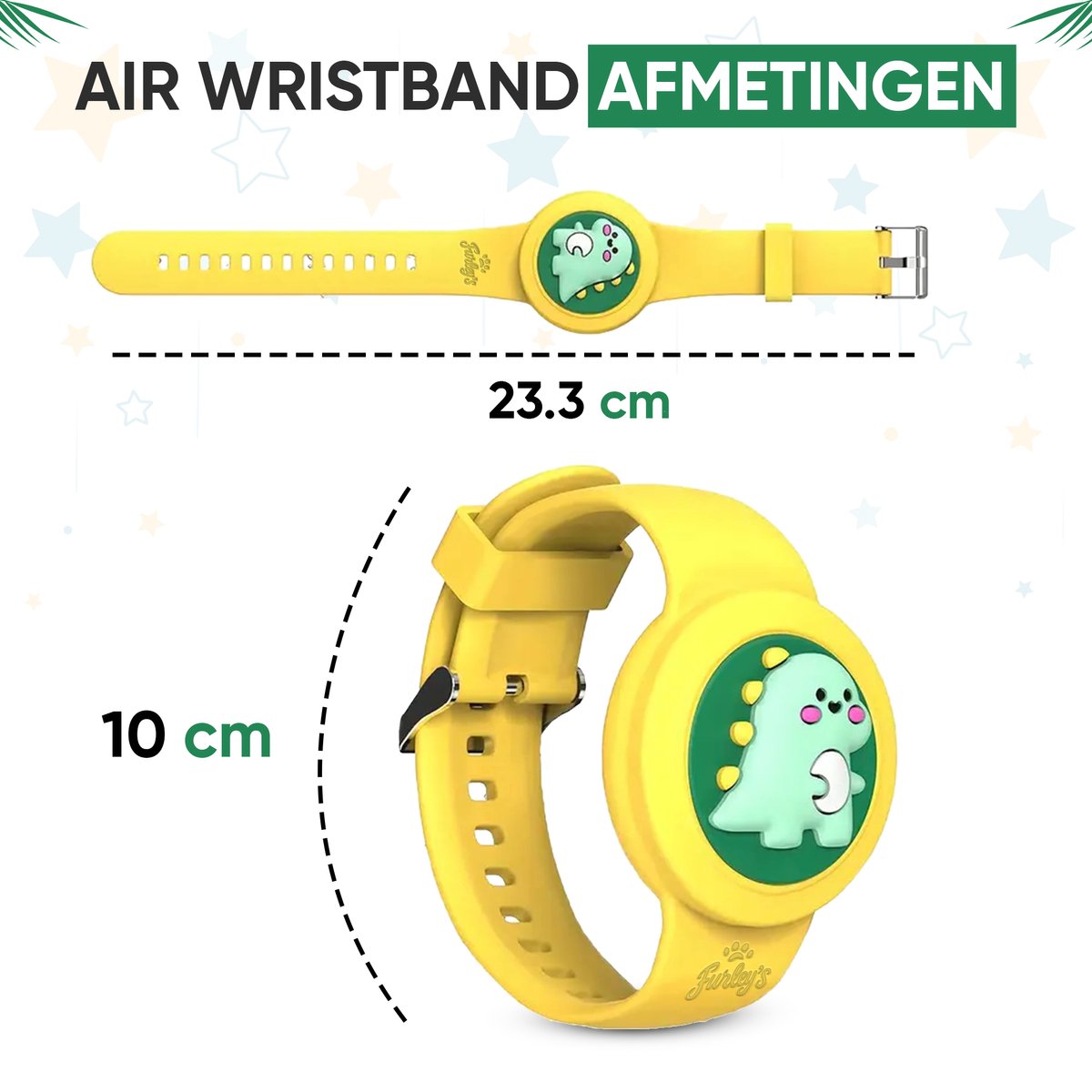 Furley’s Waterdichte Armband voor Kinderen – Geschikt voor Apple AirTag – Verstelbare Siliconen Band – Veilig & Comfortabel – Gele Dino