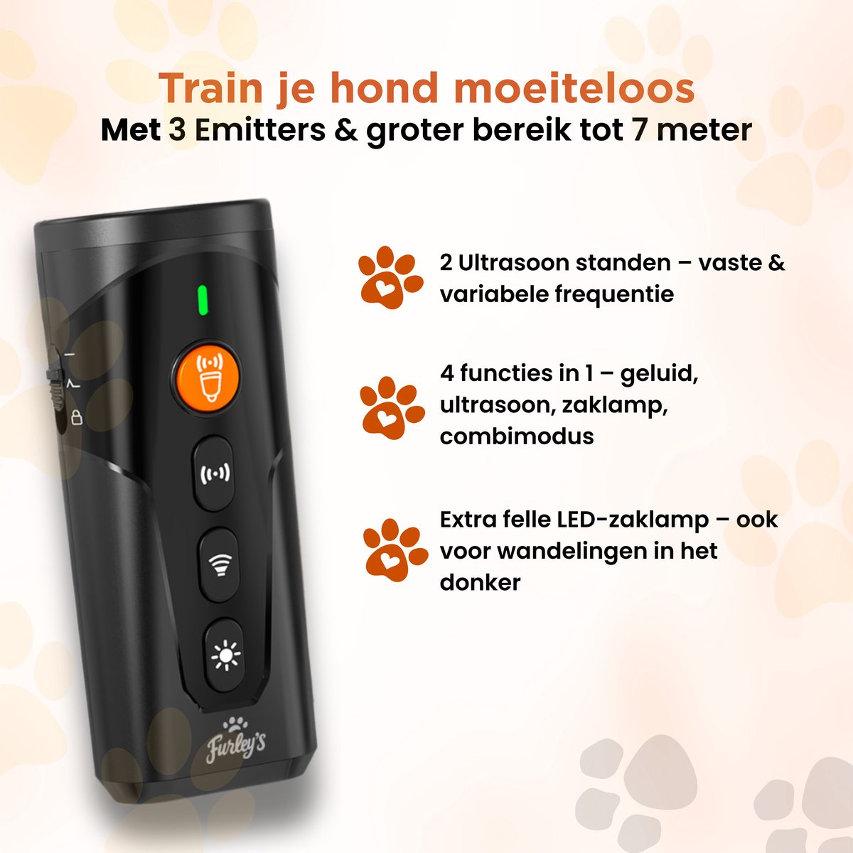 Furley’s Anti Blaf Apparaat – Diervriendelijke Hondentrainer Zonder Schok – 3 Zenders - 4-in-1 Ultrasoon, Geluid, LED & Zaklamp – USB-C Oplaadbaar – Bereik 7m – Voor Kleine & Grote Honden – Zwart