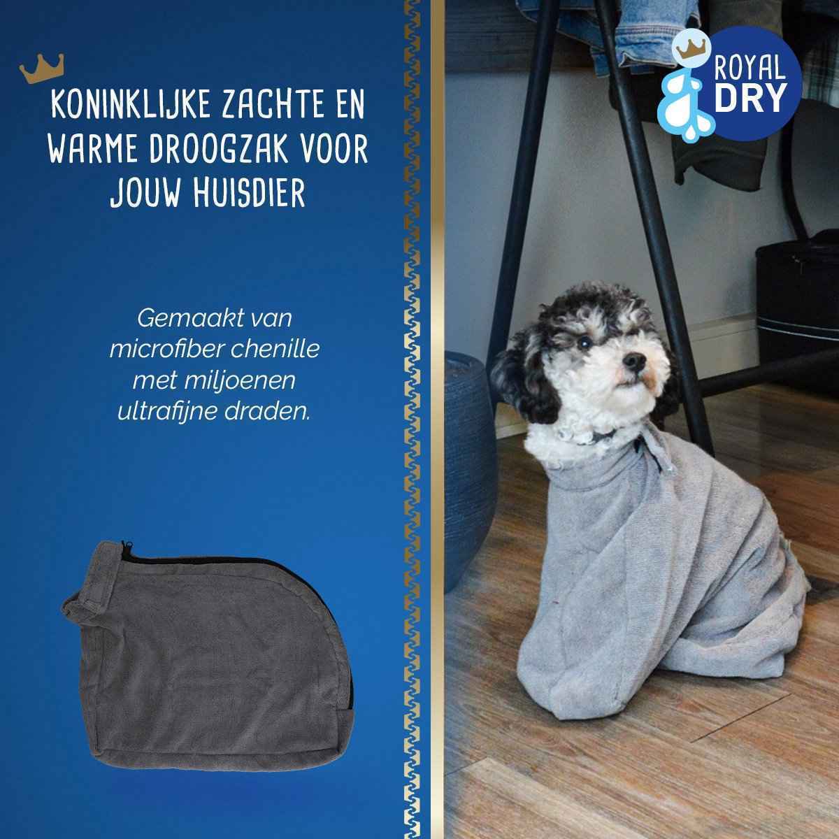 Royal Dry Doggybag L - Microvezel Hondendroogzak - Ruglengte 75 cm - Hondenbadjas - Honden handdoek - Grijs
