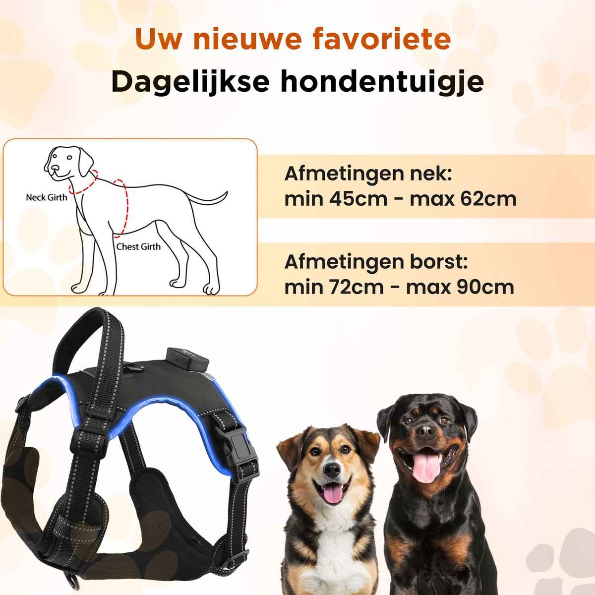 Furley’s Hondenharnas - Maat L – Hondentuig - Hondentuigje – USB Oplaadbaar – Y Tuig Hond – Harnas Hond - Anti Trek Tuig Hond - Reflecterend – Geschikt voor Medium & Grote Honden
