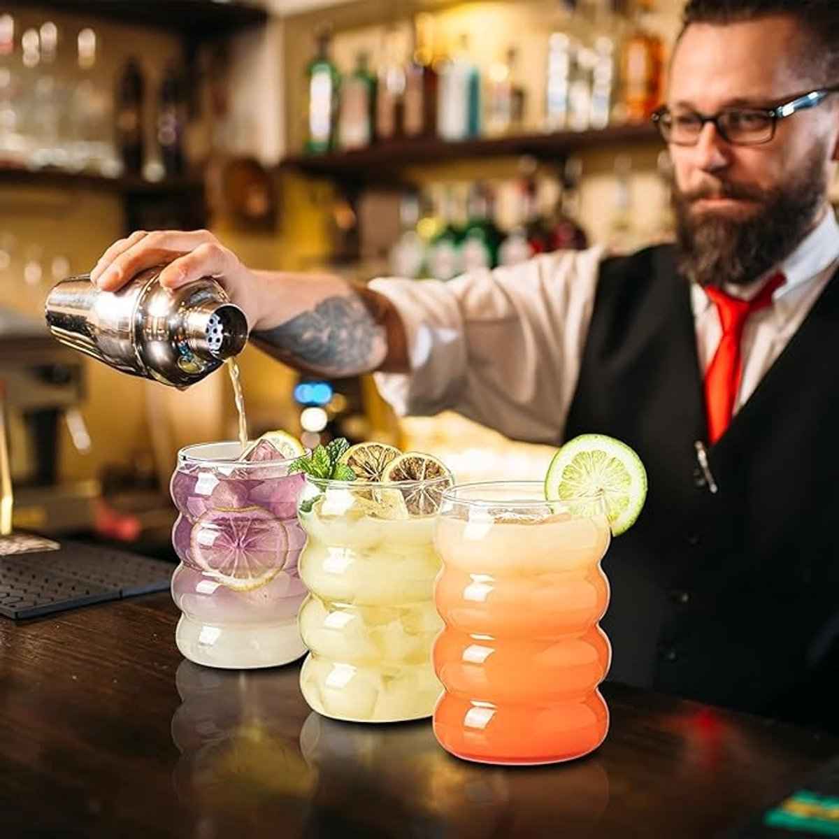 Glozini Wavy Bubbelglazen - 360ml - Set van 8 - Geribbelde Glazen - Bubble Glas - Esthetische Cocktailglazen