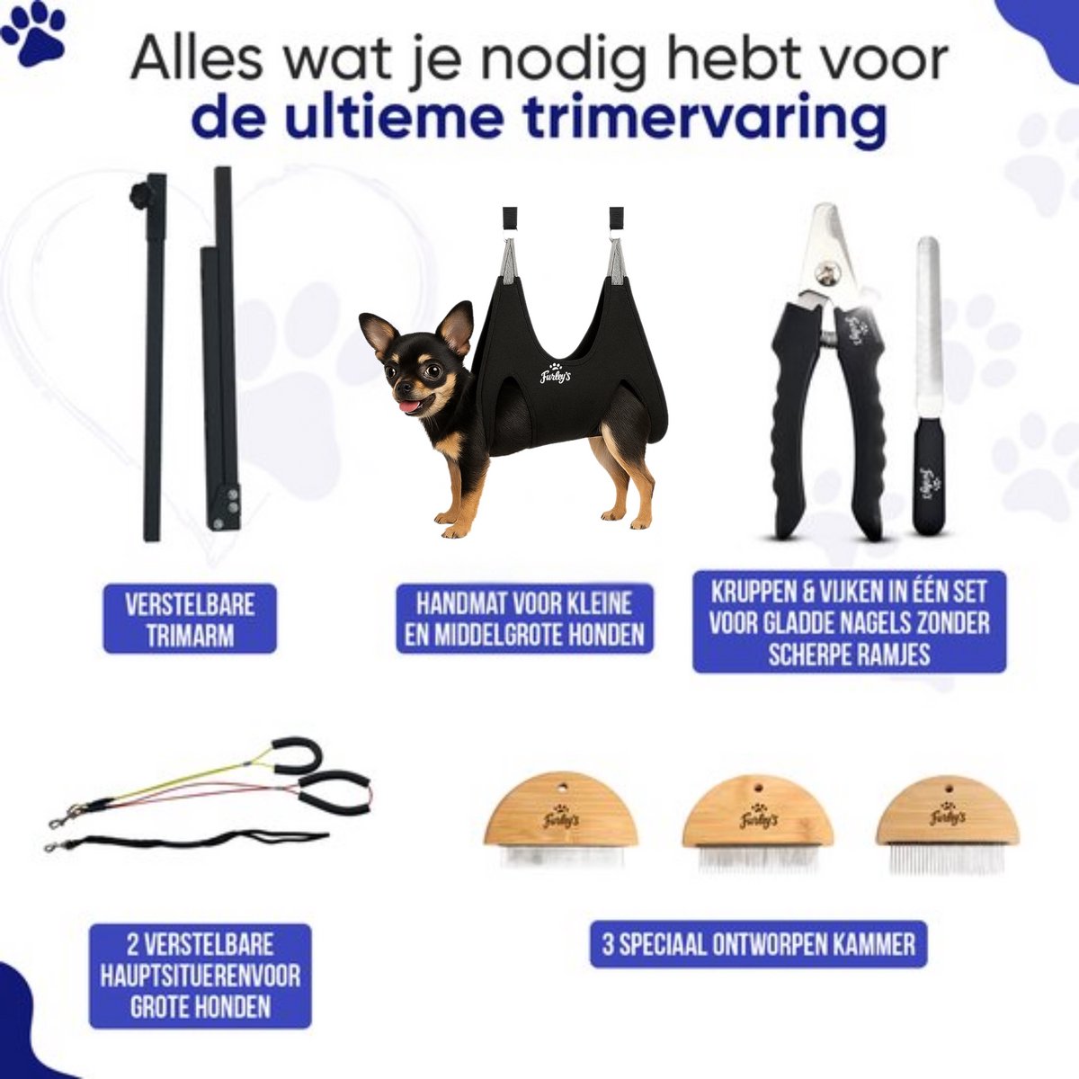 Furley's - Universele trimarm met hangmat - Verstelbaar - Incl. kam, schaar en nagelknipper