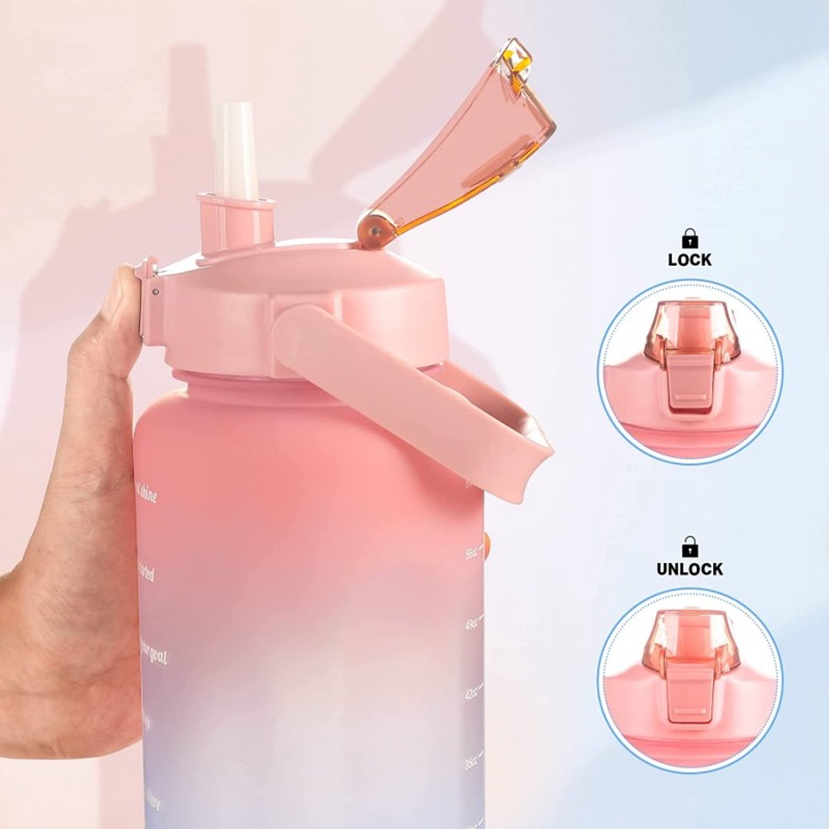 Hauskraft Motivatie Waterfles - 3-delige Set - Roze/Blauw - Drinkfles - Waterfles met Rietje - Waterfles met Tijdmarkering - 2L, 900ml, 500ml