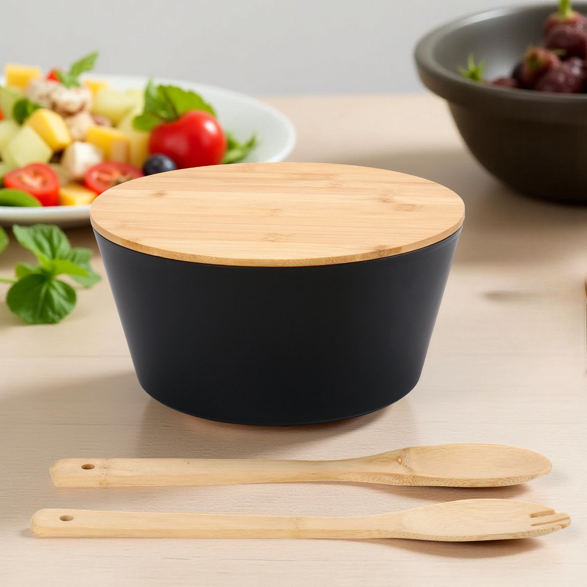 Cheffinger Salad Set - 4-piece - Bamboo - Salad Bowl - Incl. Serving Spoon &amp; Fork