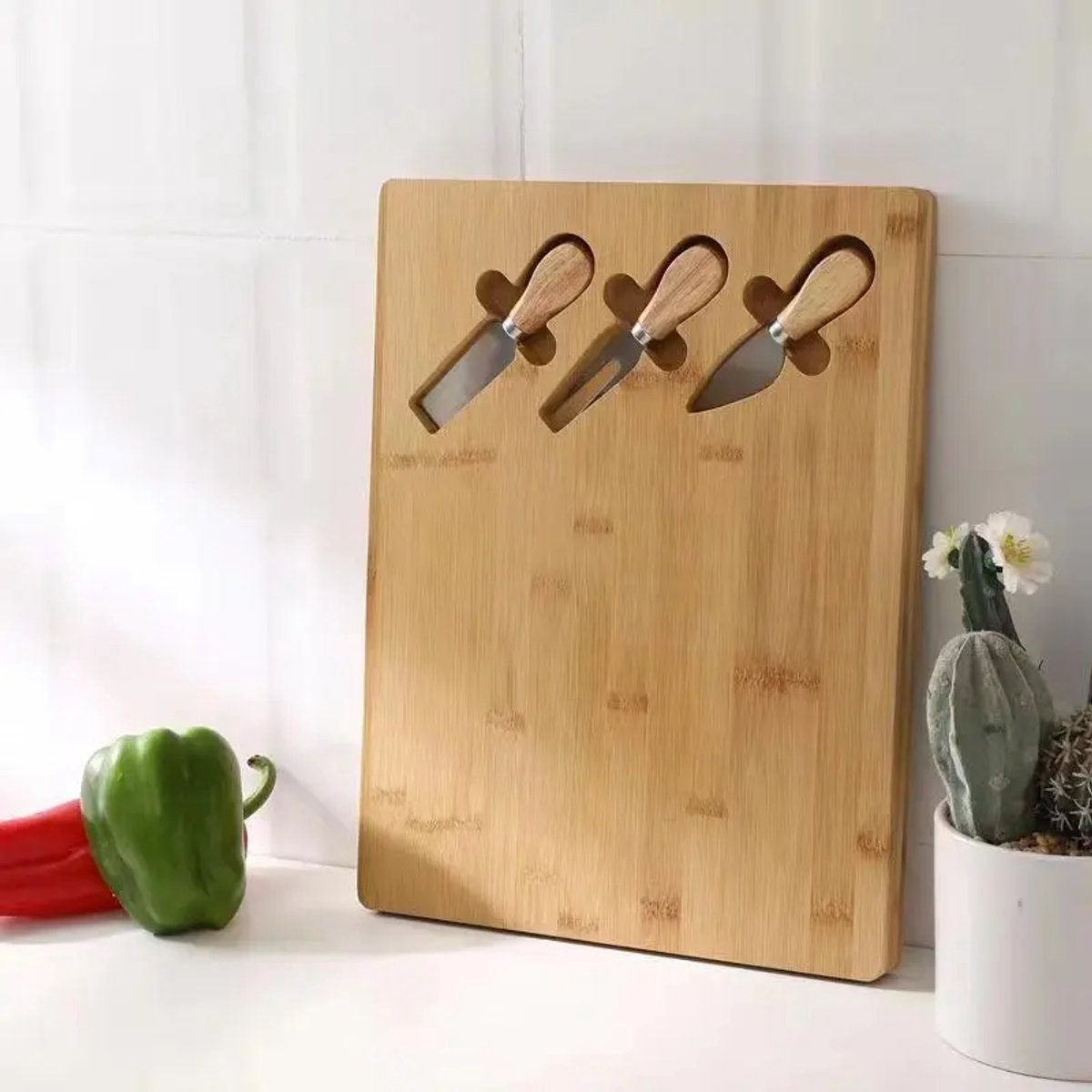 Kadirelli Bamboo Cheese Board with 3 Cheese Knives - Cheese Board - Serving Board