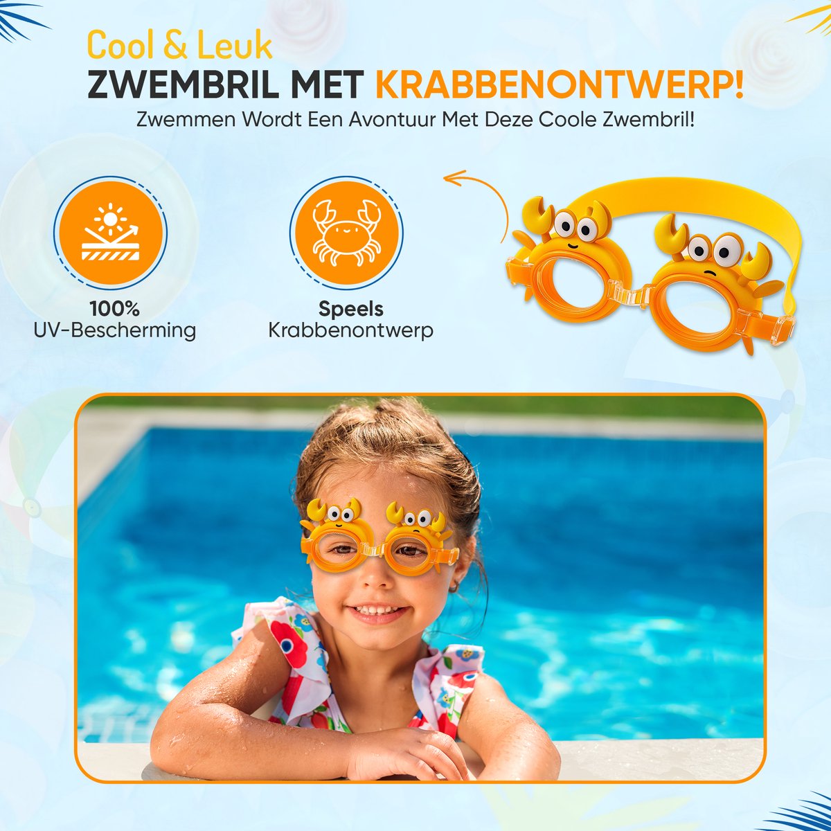 Furley’s Kinder Zwembril Krab – Zwembril Kind Anti-condens met UV-bescherming – Duikbril voor Kinderen 3-8 jaar