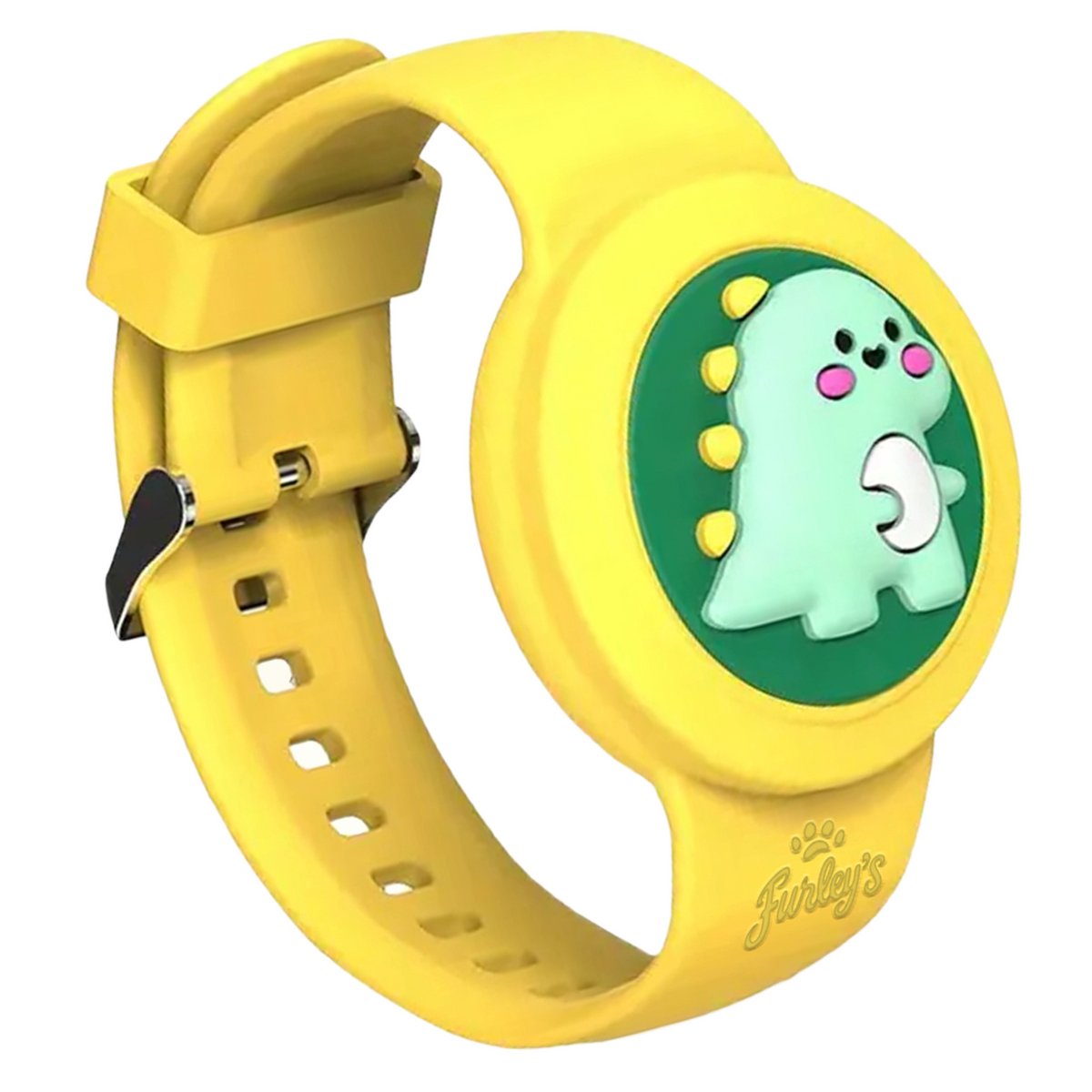 Furley’s Waterdichte Armband voor Kinderen – Geschikt voor Apple AirTag – Verstelbare Siliconen Band – Veilig & Comfortabel – Gele Dino