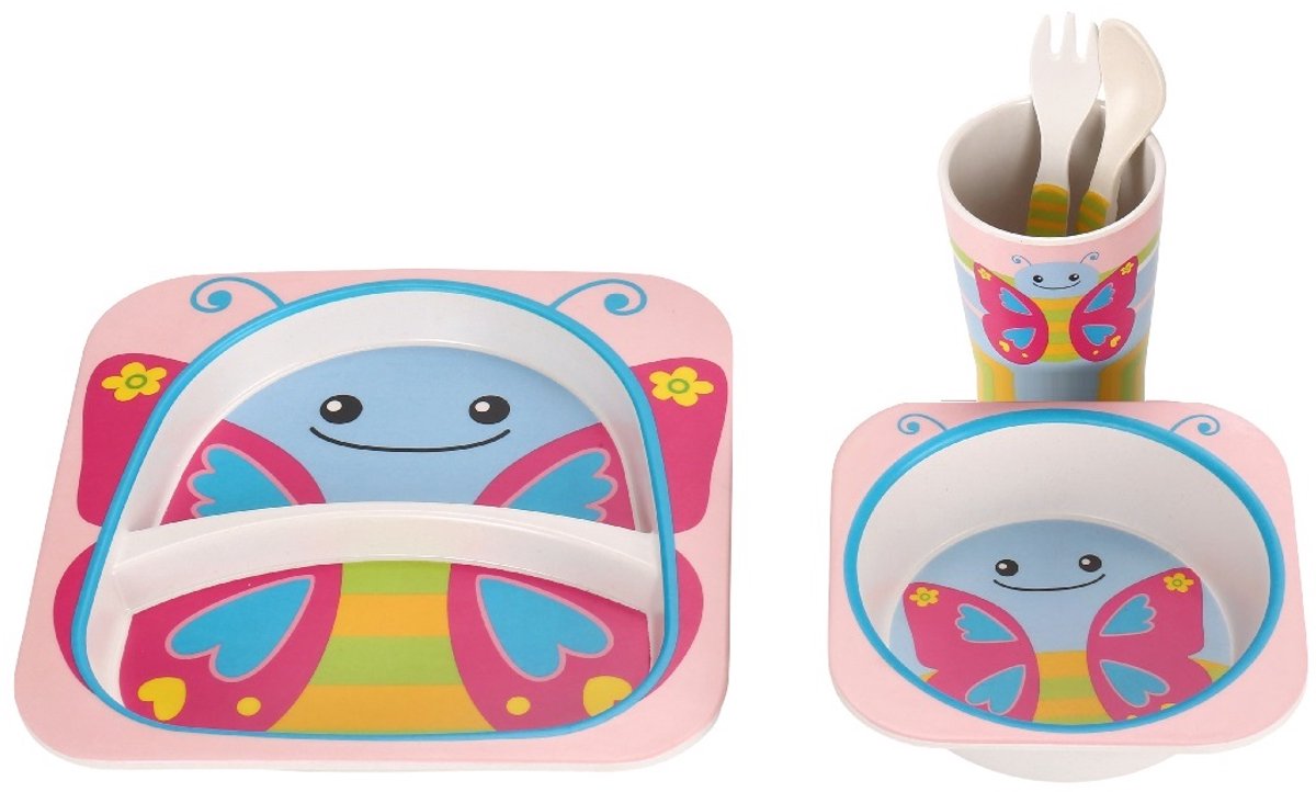 Cheffinger Children's Tableware - Butterfly - Pink - 5-piece - Blue - Baby Tableware - Children's Cutlery