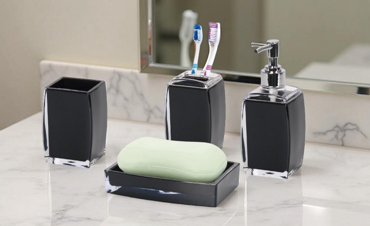 Cheffinger Bathroom Accessory Set - 4-piece - Black - Soap Dispenser - Toothbrush Cup - Soap Dish - Cup