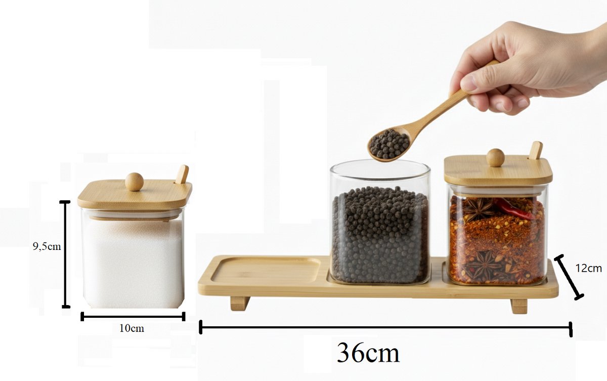 Cheffinger Spice Rack with 3 Glass Jars and Spoons - Bamboo