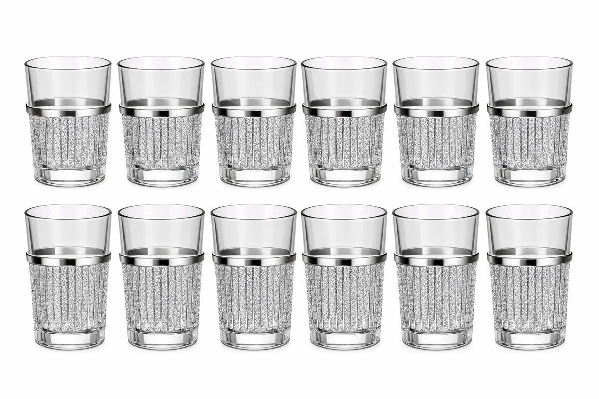 Glozini - Moroccan Tea Glasses - Silver - Set of 12 Glasses - 178ml - Tea &amp; Coffee Glasses