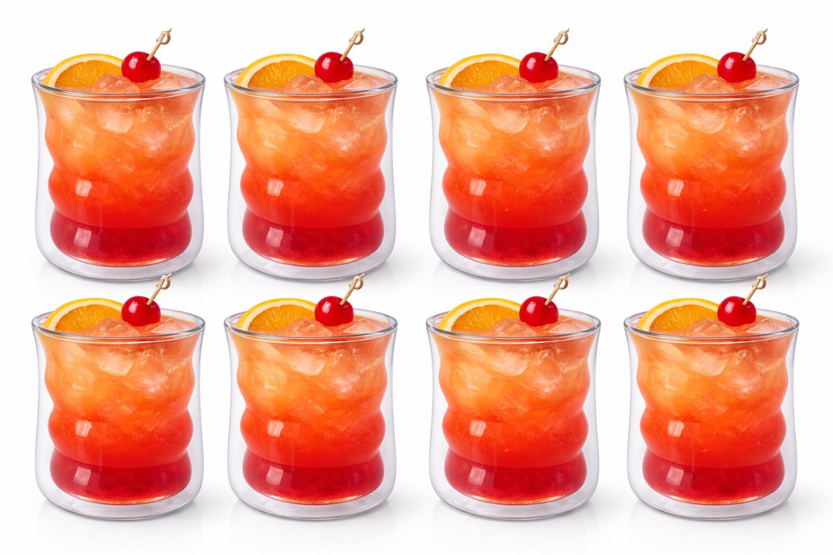 Glozini Dubbelwandige Wavy Bubbelglazen - 225ml - Set van 8 - Geribbelde Glazen - Bubble Glas - Esthetische Cocktailglazen