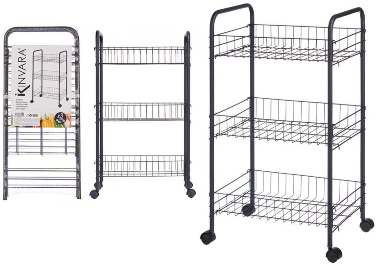 Kinvara Keukentrolley - 3-laags - Zwart Metaal - Met Wieltjes
